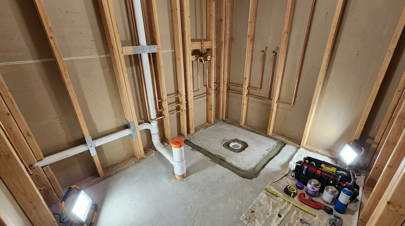Bathroom rough-in plumbing during remodel by Johns Plumbing LLC in Nellysford