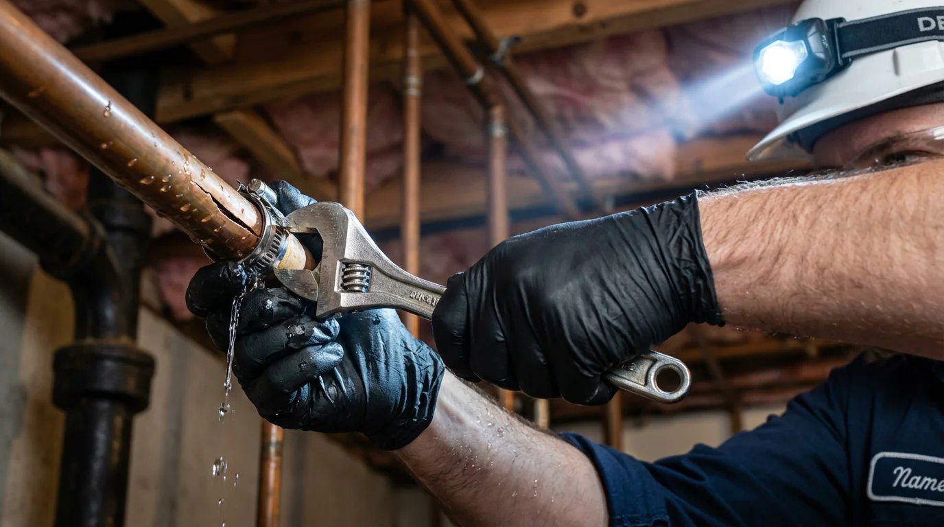 Emergency pipe clamp repair being performed by a Johns Plumbing LLC plumber in Nellysford